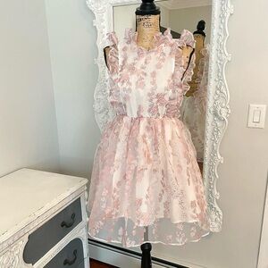New York Couture Pink Sparkle Floral Cottagecore Ruffle Bib Dress